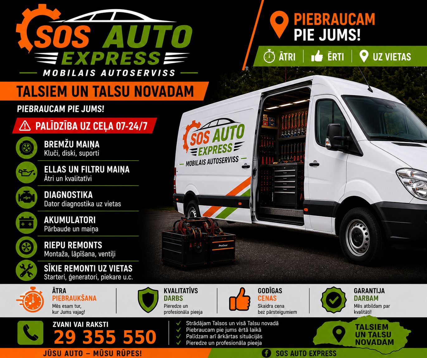 SOS Auto Express — Mobilais autoserviss. Piebraucam pie Jums! Zvaniet 29 355 550.